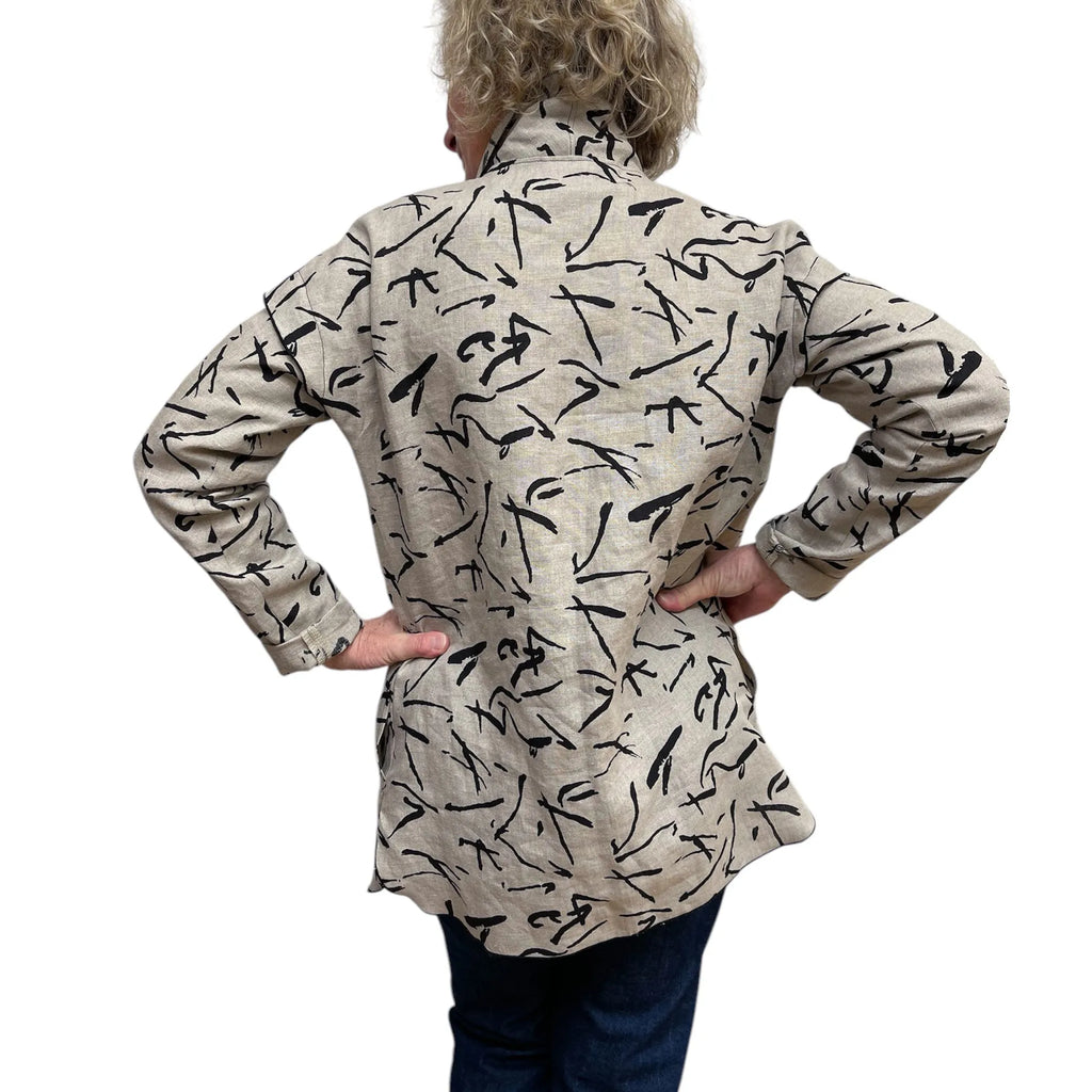 Beige Black Abstract Linen Cardigan Jacket – Comfortable Fit