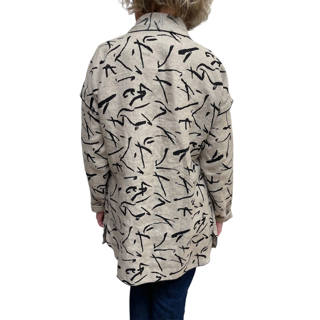 Beige Black Abstract Linen Cardigan Jacket – Comfortable Fit