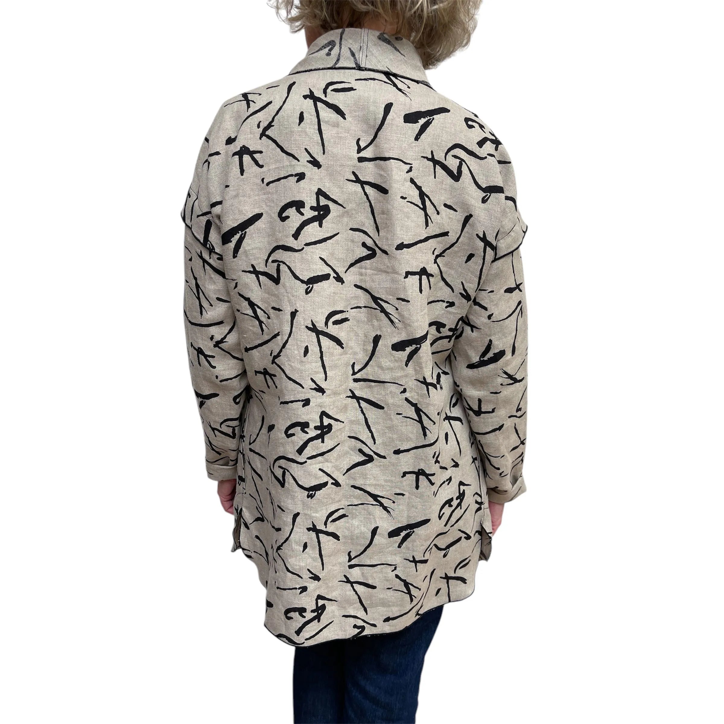 Beige Black Abstract Linen Cardigan Jacket – Comfortable Fit