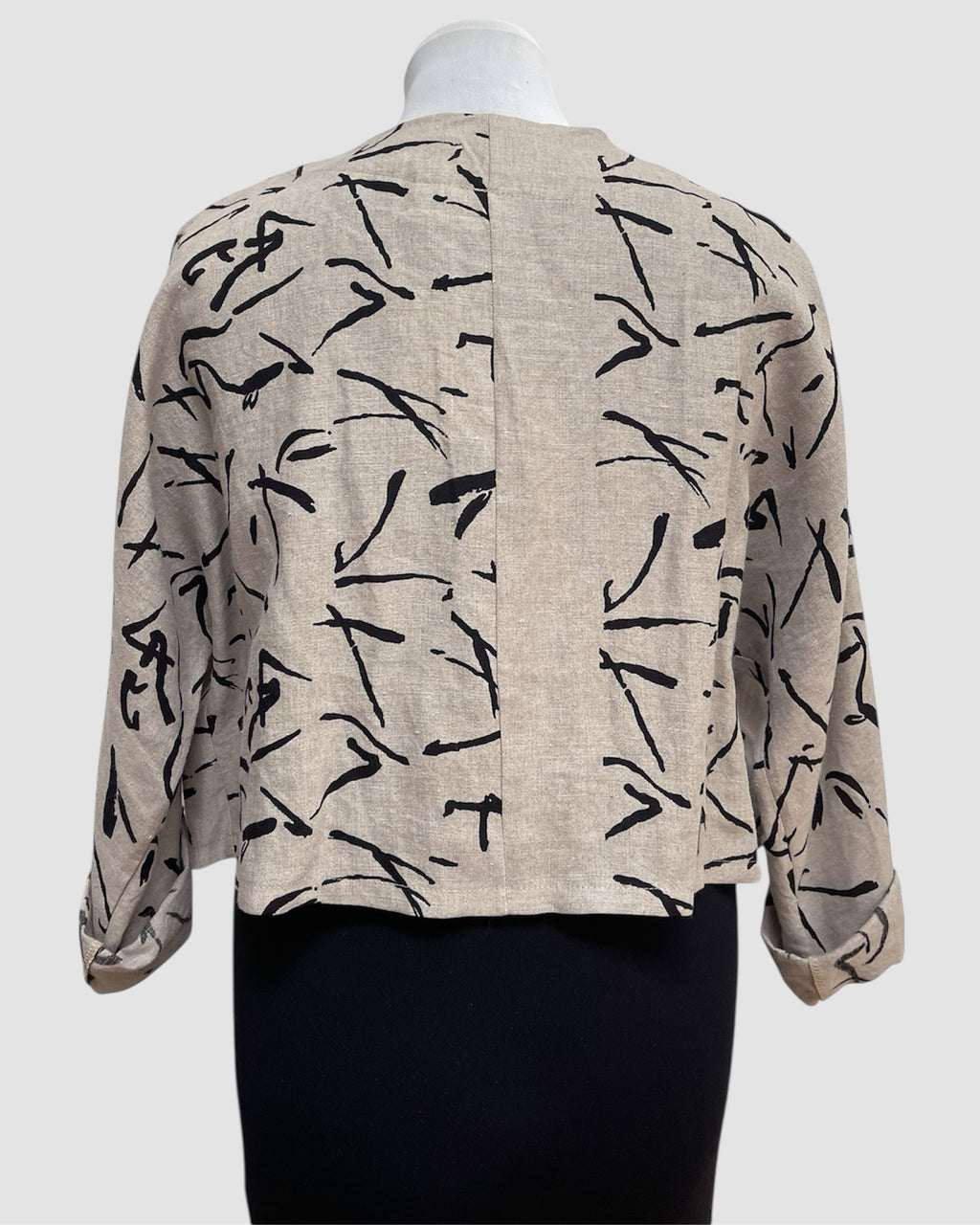 Abstract Black Printed Beige Linen Bolero Jacket