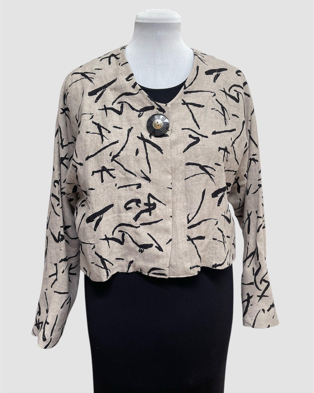 Abstract Black Printed Beige Linen Bolero Jacket