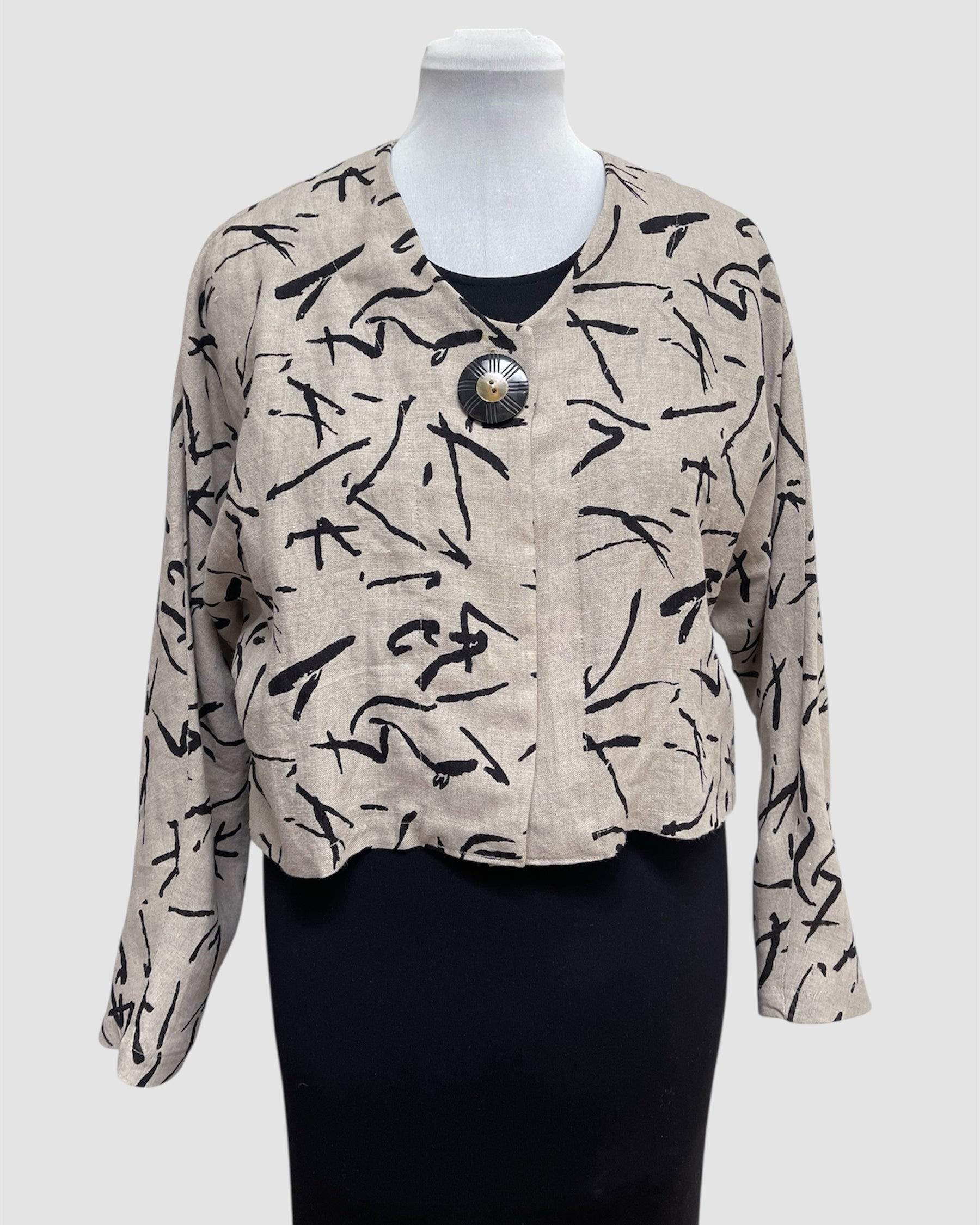 Abstract Black Printed Beige Linen Bolero Jacket