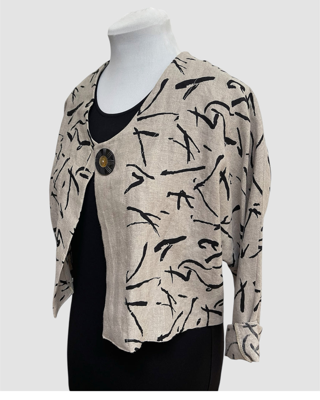 Abstract Black Printed Beige Linen Bolero Jacket