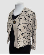 Abstract Black Printed Beige Linen Bolero Jacket
