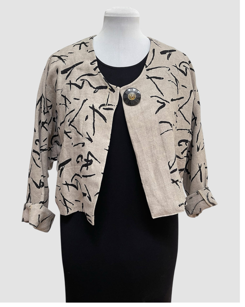 Abstract Black Printed Beige Linen Bolero Jacket