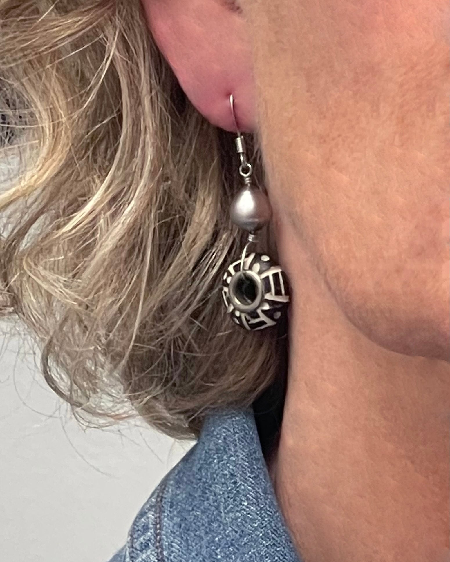 Batik Black & White Doughnut Earrings with Pewter Pearl
