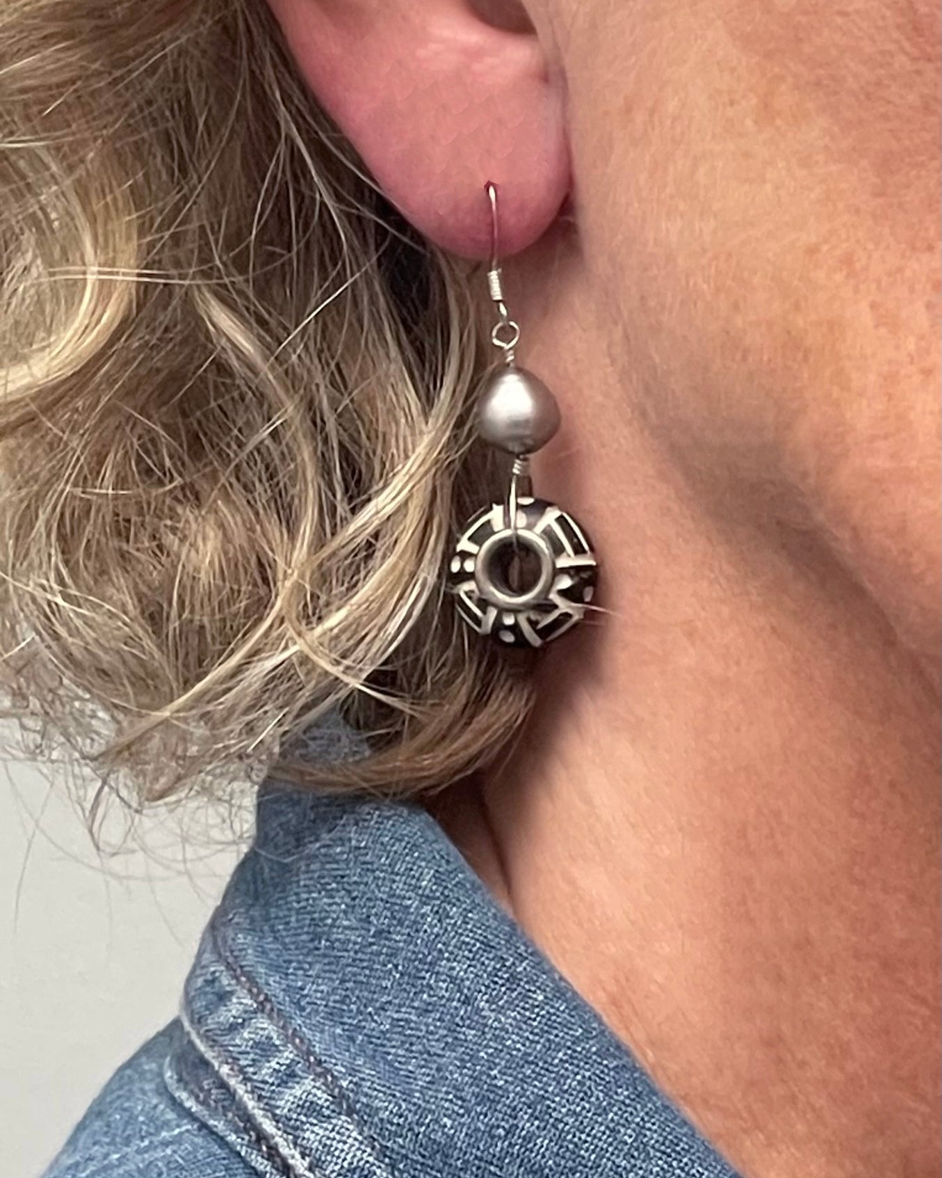Batik Black & White Doughnut Earrings with Pewter Pearl