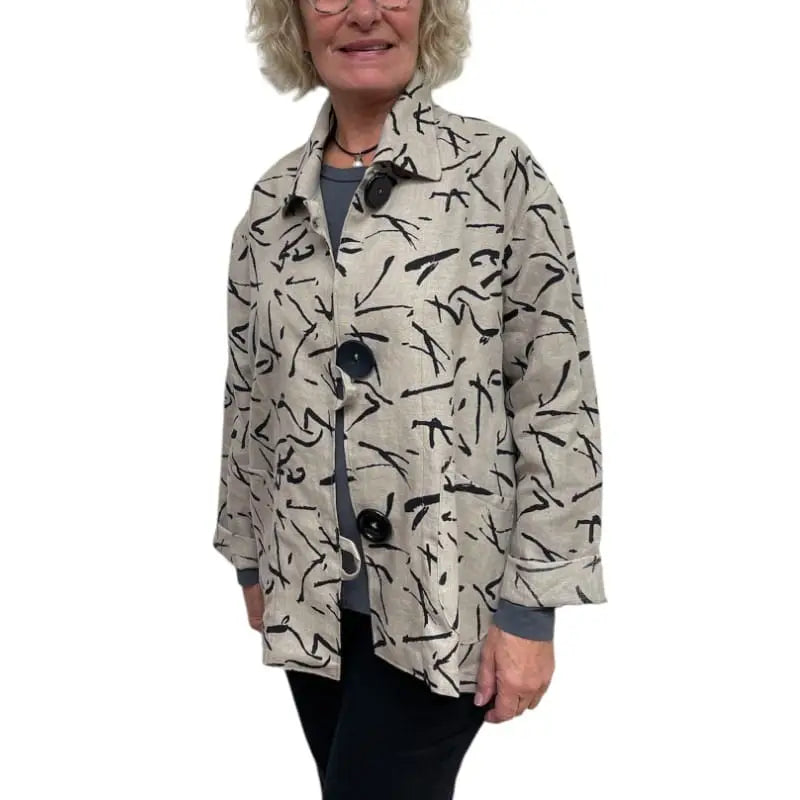 Italian Linen Jacket - Abstract Pattern Statement Piece with Vintage Buttons