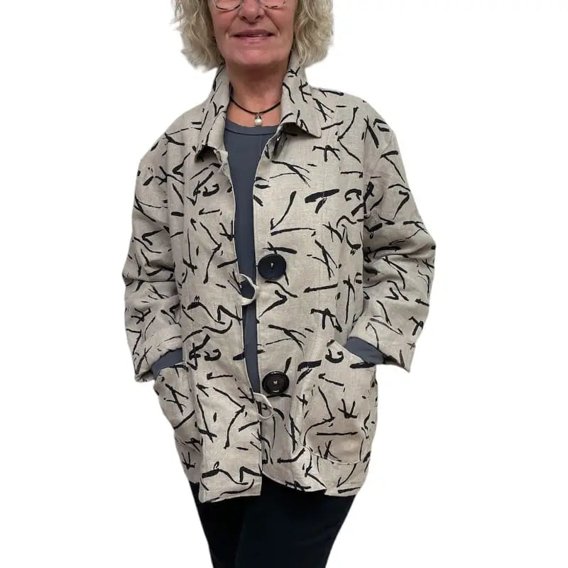 Italian Linen Jacket - Abstract Pattern Statement Piece with Vintage Buttons