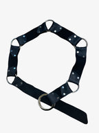 Black leather belt with silver rings and rivets