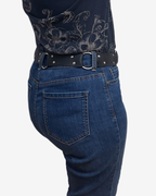 Black leather belt with silver rings and rivets