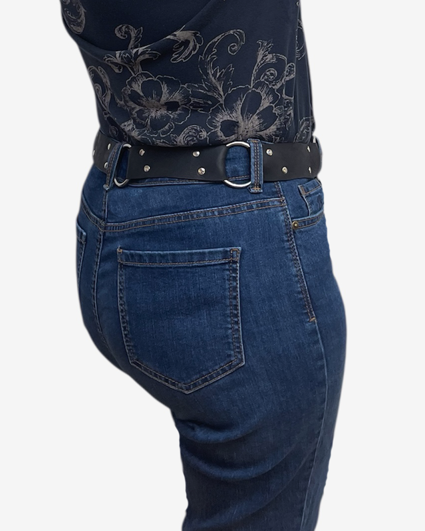 Black leather belt with silver rings and rivets