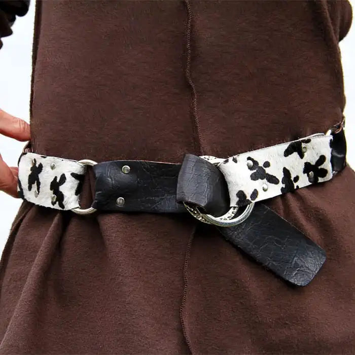 Black White Hair-On Cowhide Leather Belt with Steel Rings - 1.5 Inch Women's Statement Belt