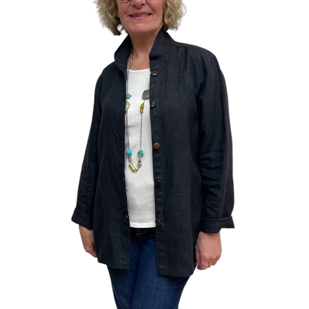 Black Yarn-Dyed Linen Shirt with Vintage Buttons