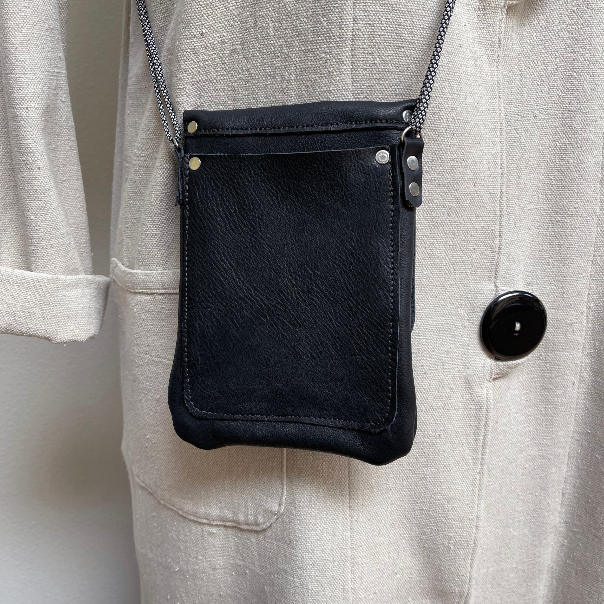 Handcrafted Black Cowhide Cell Phone Crossbody Bag