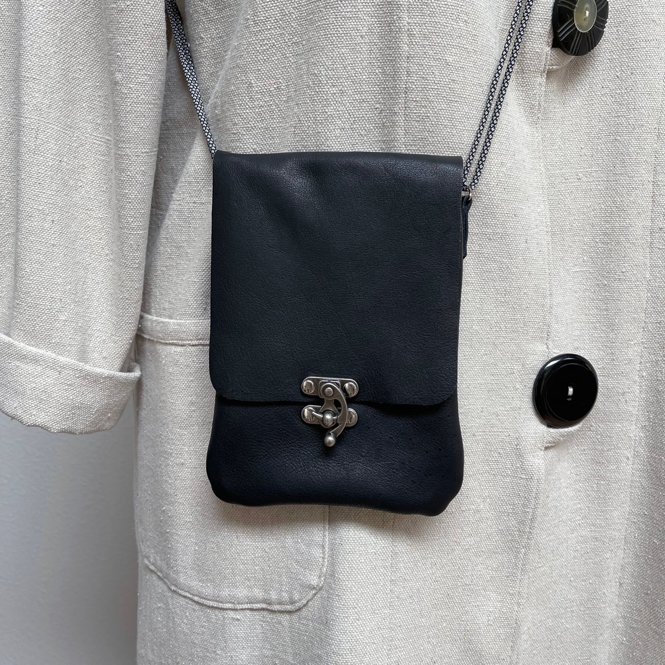 Handcrafted Black Cowhide Cell Phone Crossbody Bag