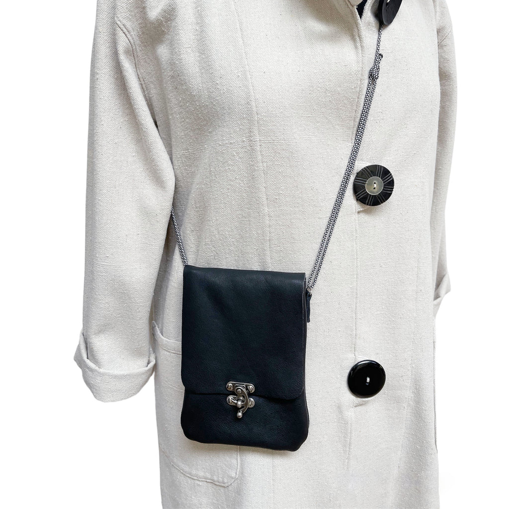 Handcrafted Black Cowhide Cell Phone Crossbody Bag