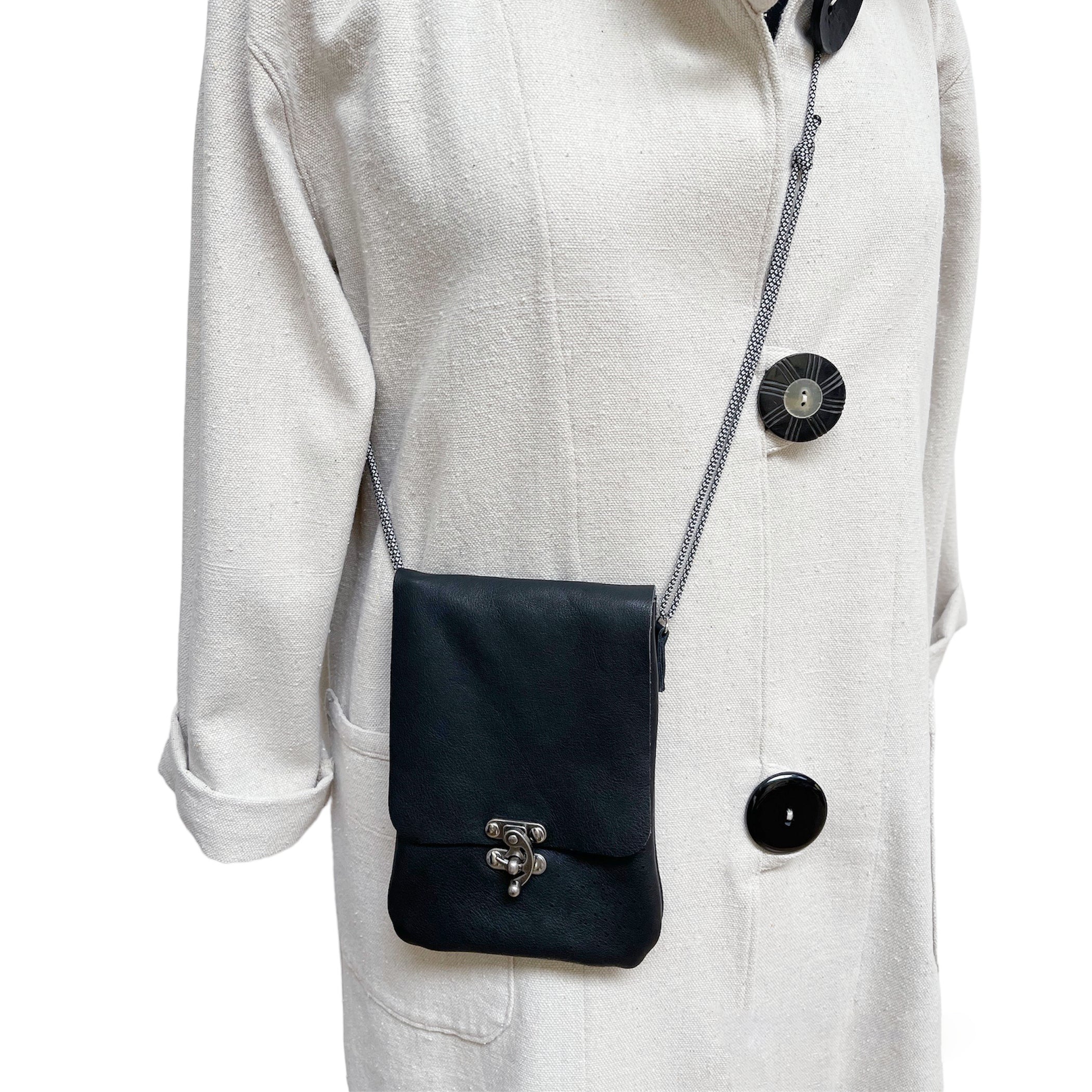 Handcrafted Black Cowhide Cell Phone Crossbody Bag