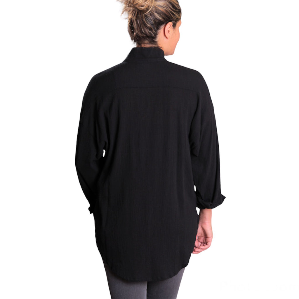 Black Cotton Gauze Boyfriend Shirt - Oversized Long Sleeve Layering Top with Vintage Buttons