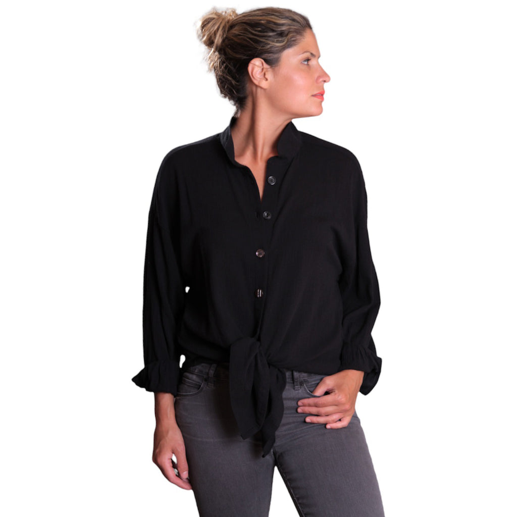 Black Cotton Gauze Boyfriend Shirt - Oversized Long Sleeve Layering Top with Vintage Buttons
