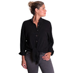 Black Cotton Gauze Boyfriend Shirt - Oversized Long Sleeve Layering Top with Vintage Buttons