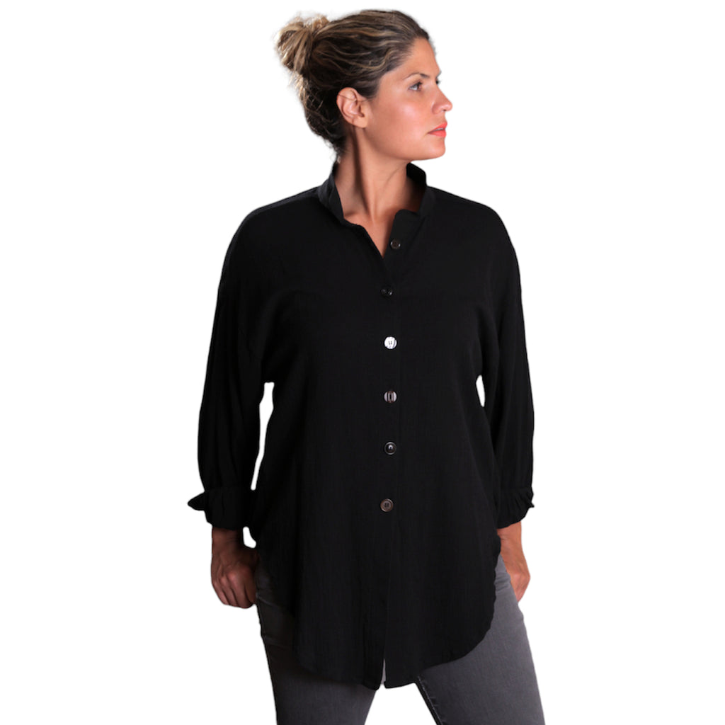 Black Cotton Gauze Boyfriend Shirt - Oversized Long Sleeve Layering Top with Vintage Buttons