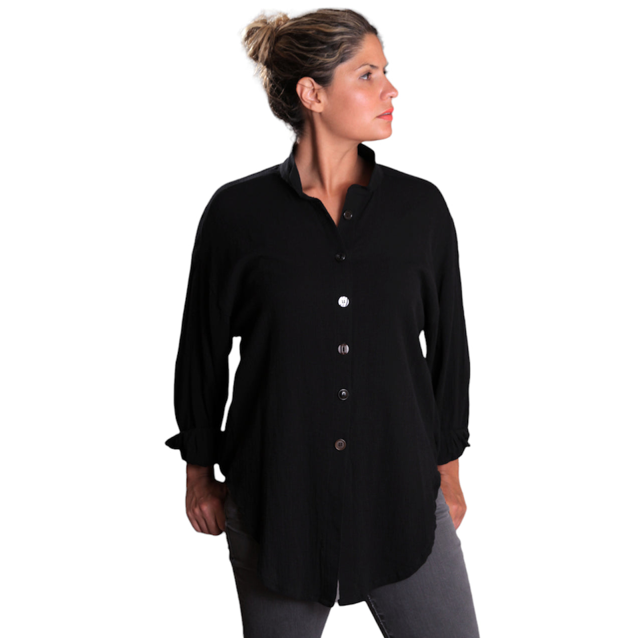 Black Cotton Gauze Boyfriend Shirt - Oversized Long Sleeve Layering Top with Vintage Buttons