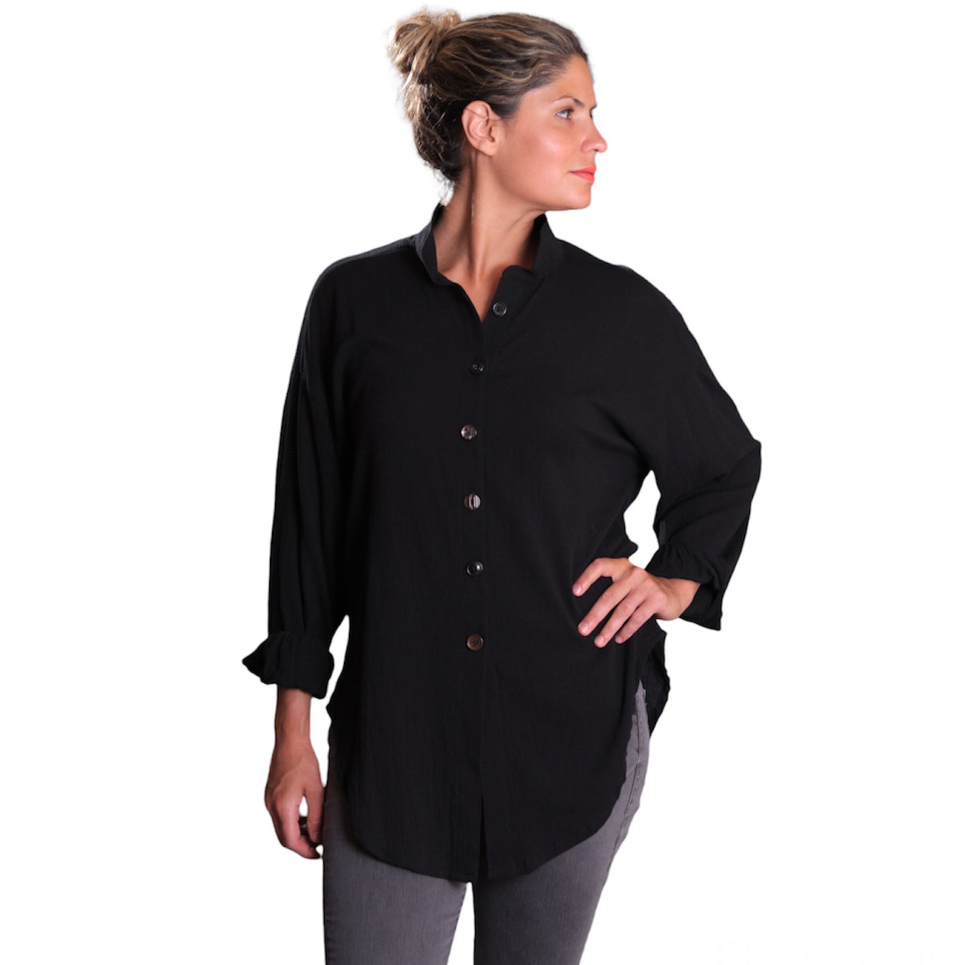 Black Cotton Gauze Boyfriend Shirt - Oversized Long Sleeve Layering Top with Vintage Buttons