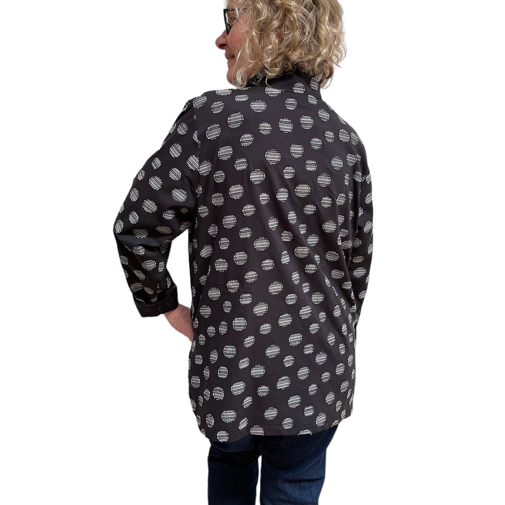 Black Cotton with Grey Dots Big Shirt - Button-Up with Vintage Buttons
