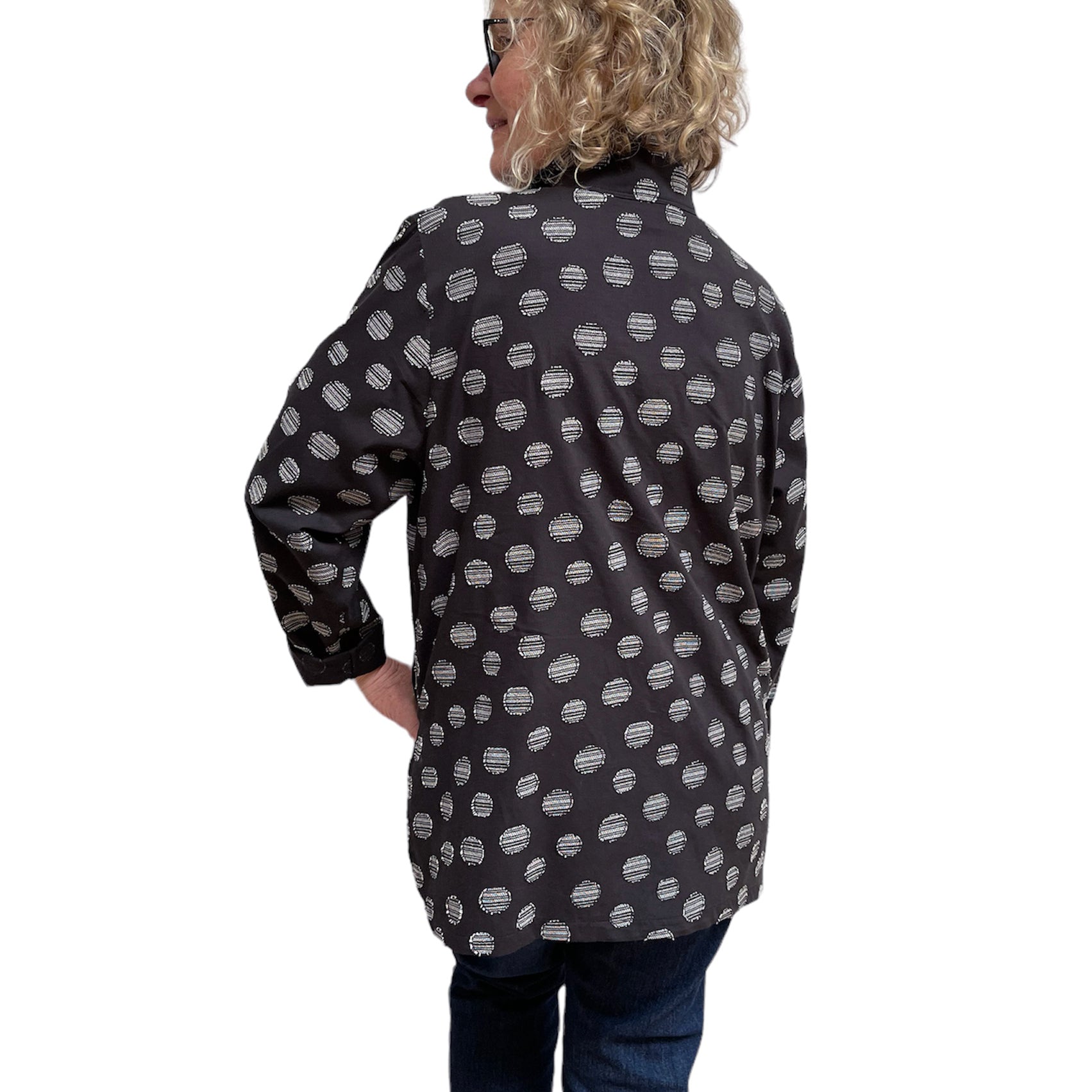 Black Cotton with Grey Dots Big Shirt - Button-Up with Vintage Buttons