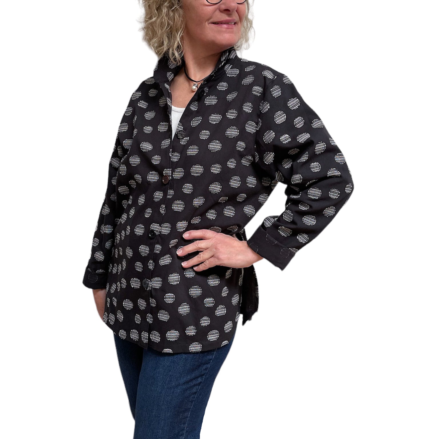 Black Cotton with Grey Dots Big Shirt - Button-Up with Vintage Buttons