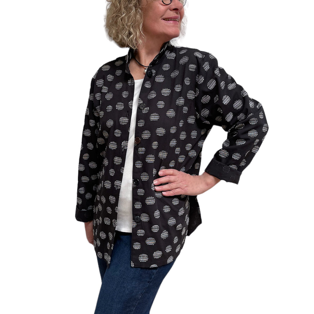 Black Cotton with Grey Dots Big Shirt - Button-Up with Vintage Buttons