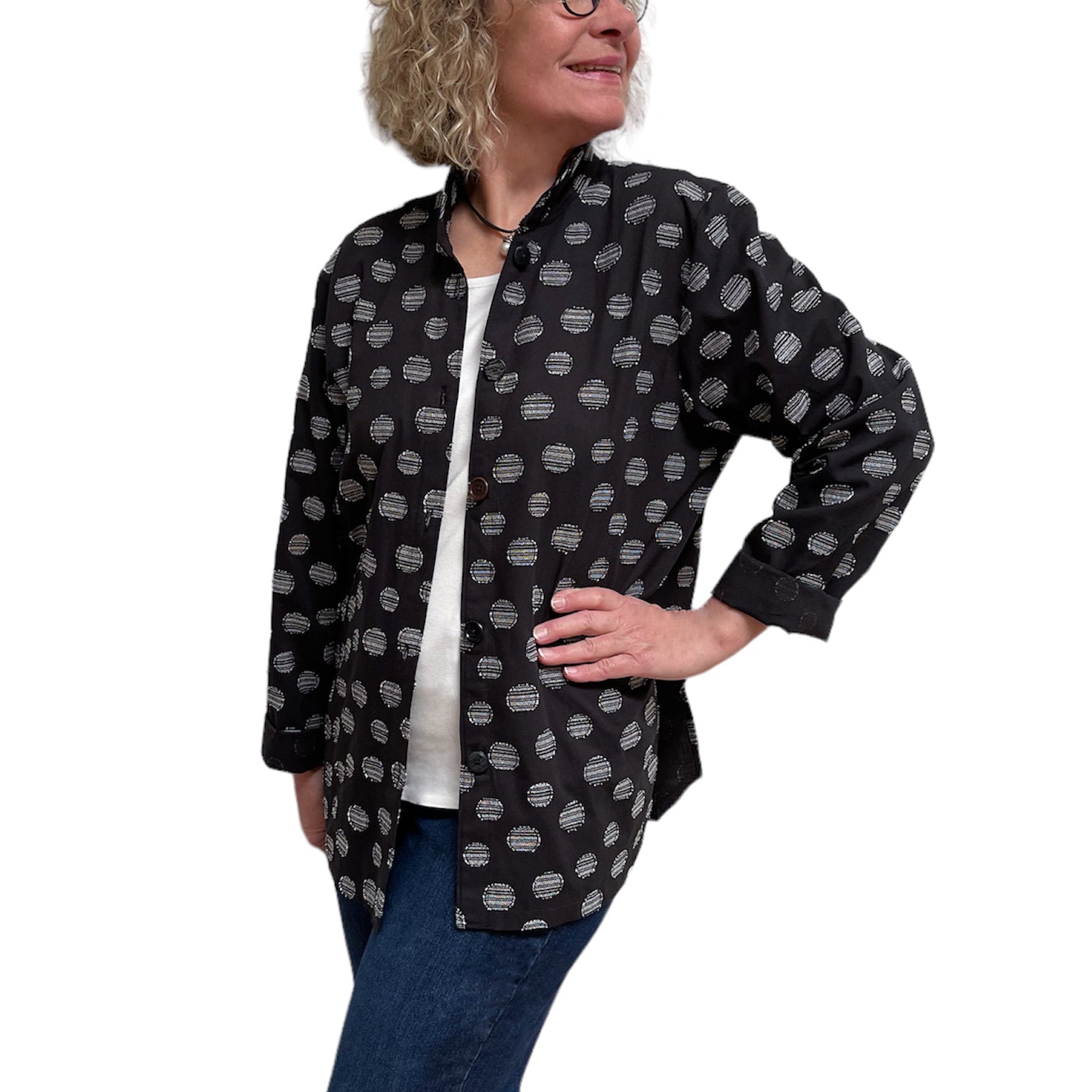 Black Cotton with Grey Dots Big Shirt - Button-Up with Vintage Buttons