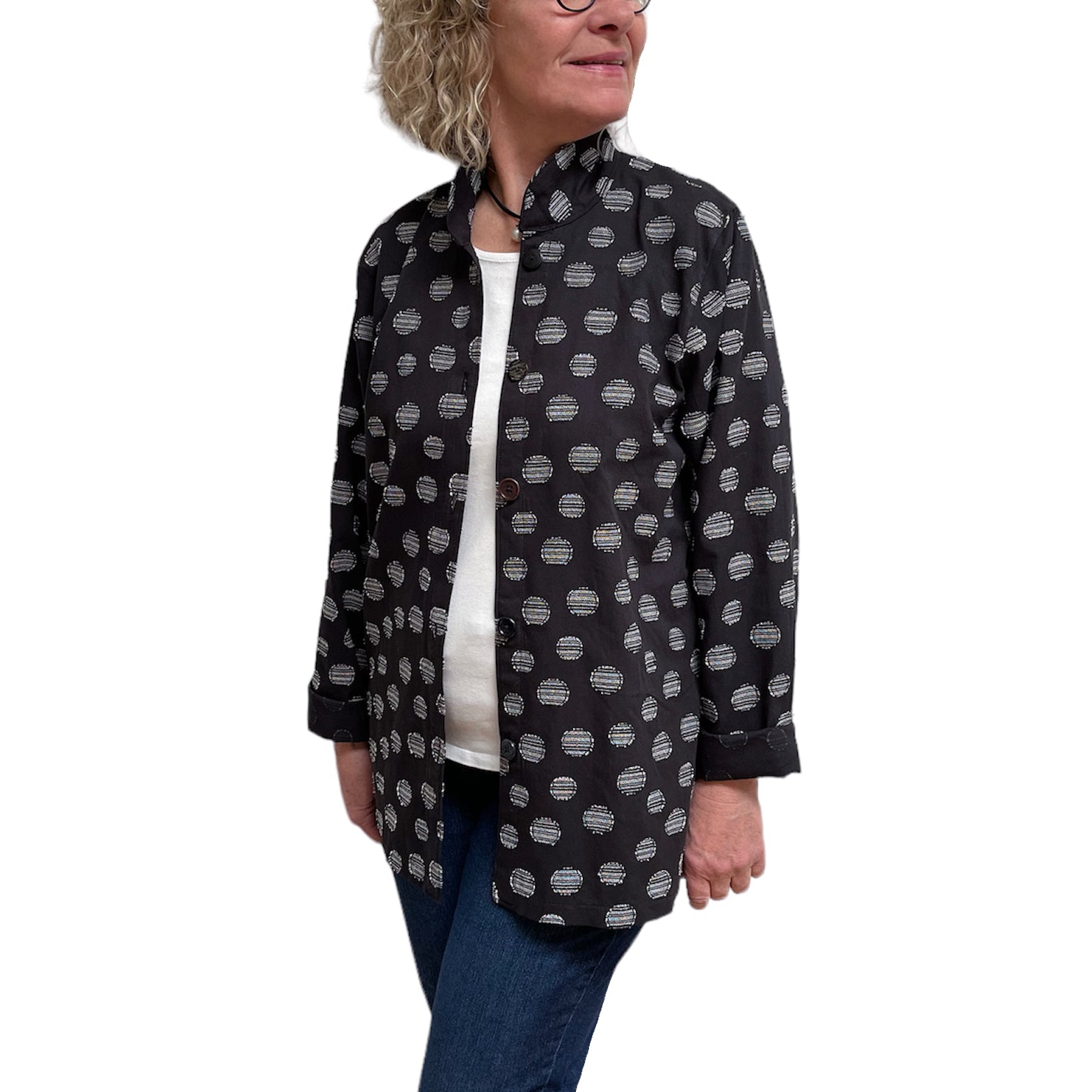 Black Cotton with Grey Dots Big Shirt - Button-Up with Vintage Buttons