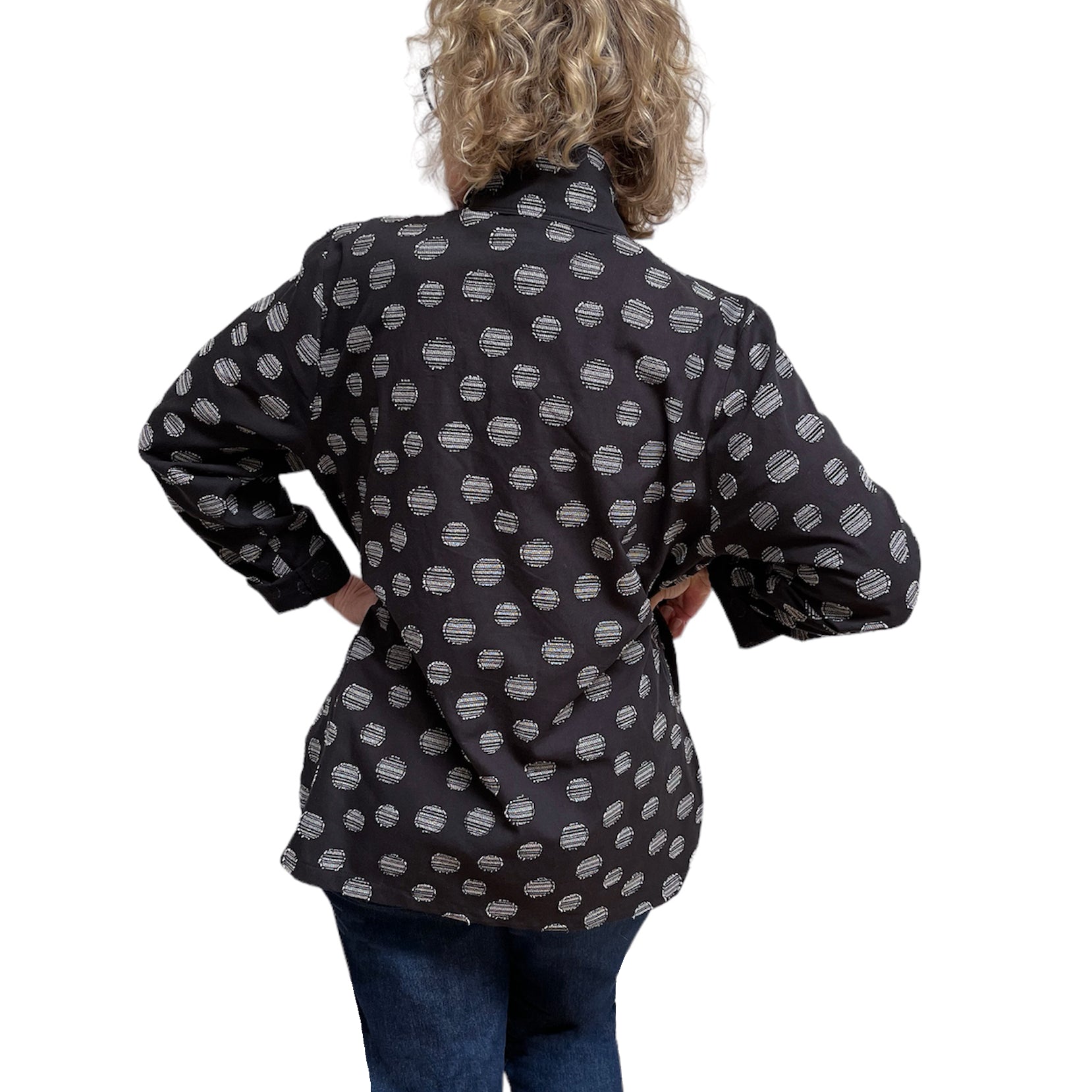 Black Cotton with Grey Dots Big Shirt - Button-Up with Vintage Buttons