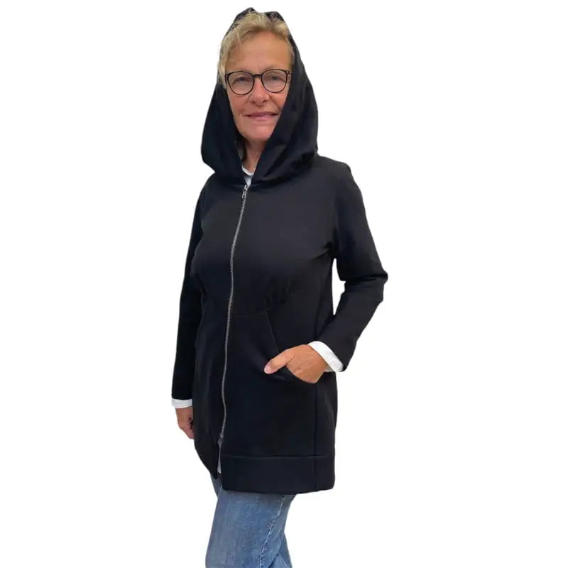 Black Tencel Hoodie Jacket - Long Zip Coat with Oversized Hood