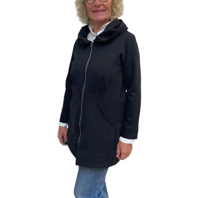 Black Tencel Hoodie Jacket - Long Zip Coat with Oversized Hood