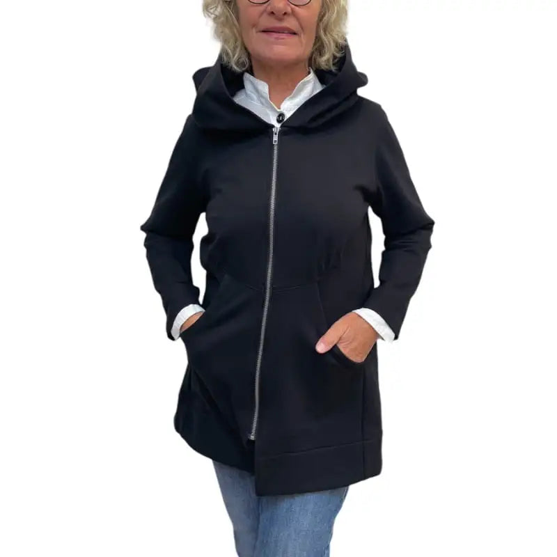 Black Tencel Hoodie Jacket - Long Zip Coat with Oversized Hood