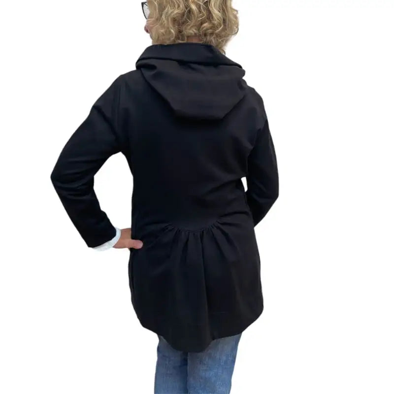 Black Tencel Hoodie Jacket - Long Zip Coat with Oversized Hood