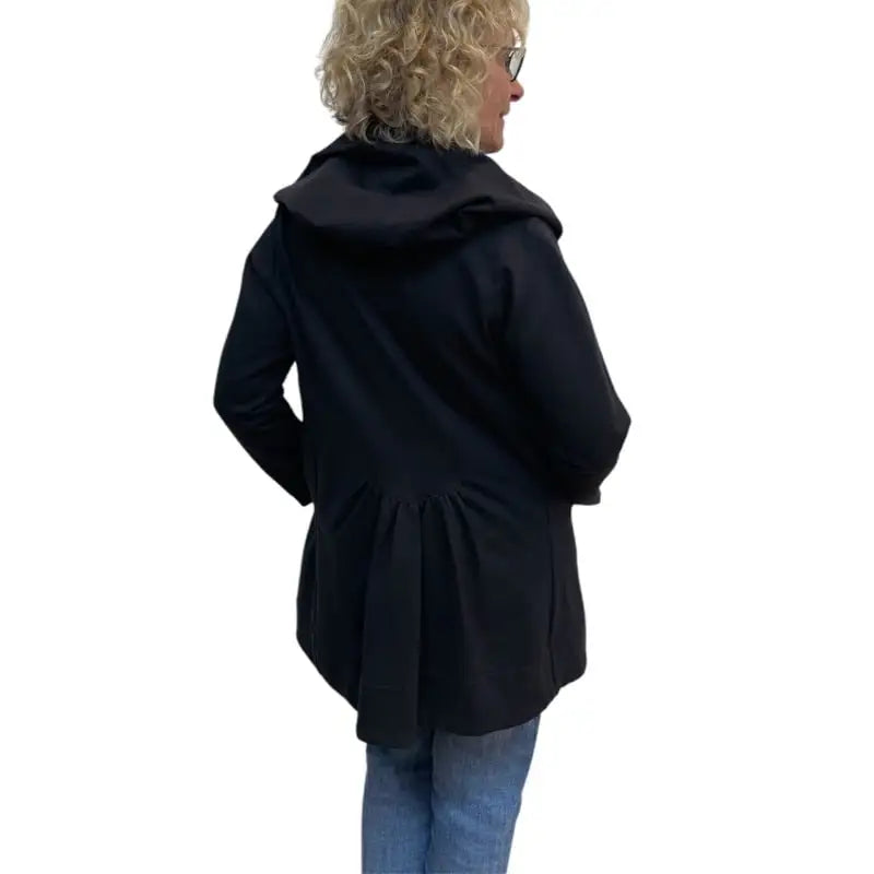 Black Tencel Hoodie Jacket - Long Zip Coat with Oversized Hood