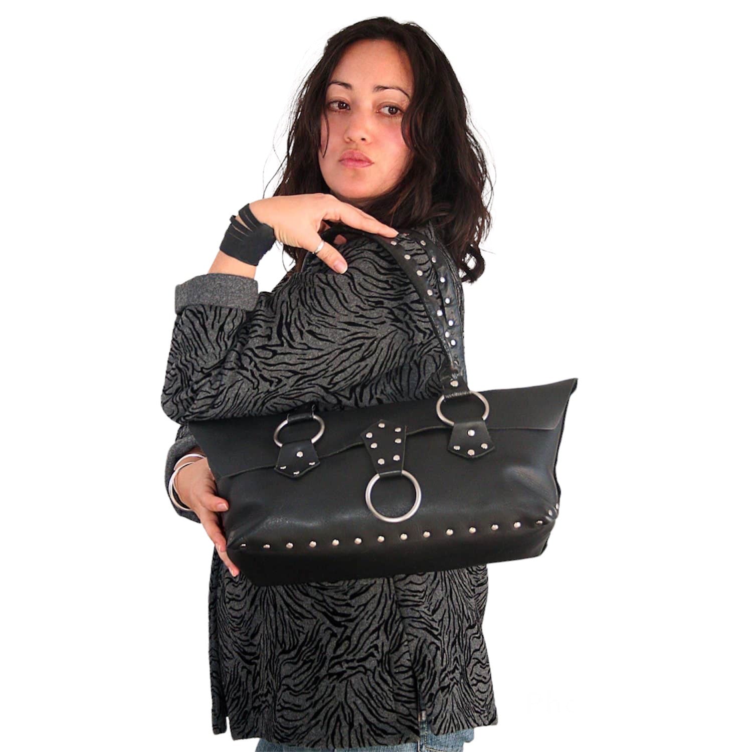 Black Riveted Cowhide Purse - Handmade Edgy Leather Handbag
