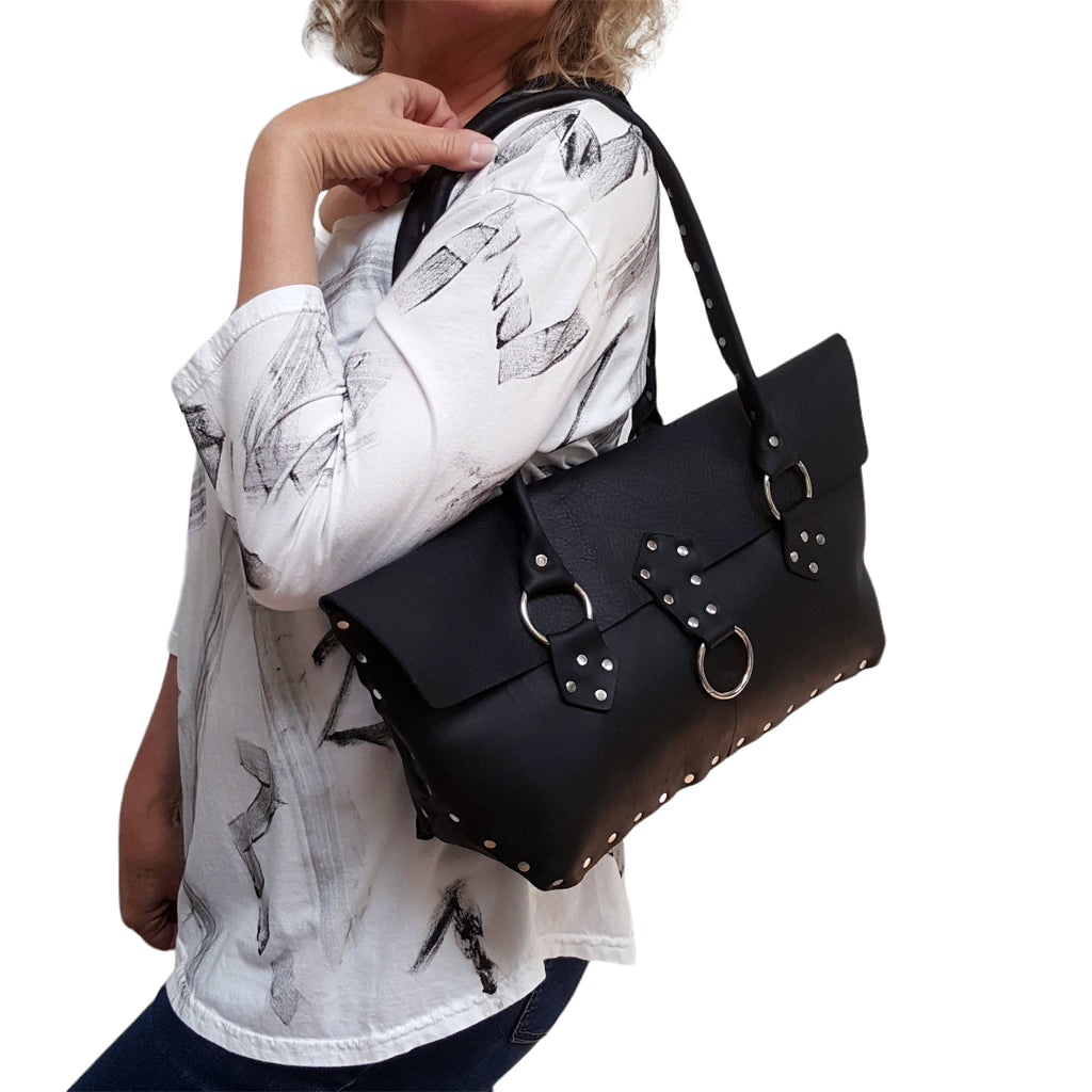 Black Riveted Cowhide Purse - Handmade Edgy Leather Handbag