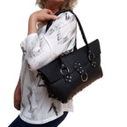 Black Riveted Cowhide Purse - Handmade Edgy Leather Handbag