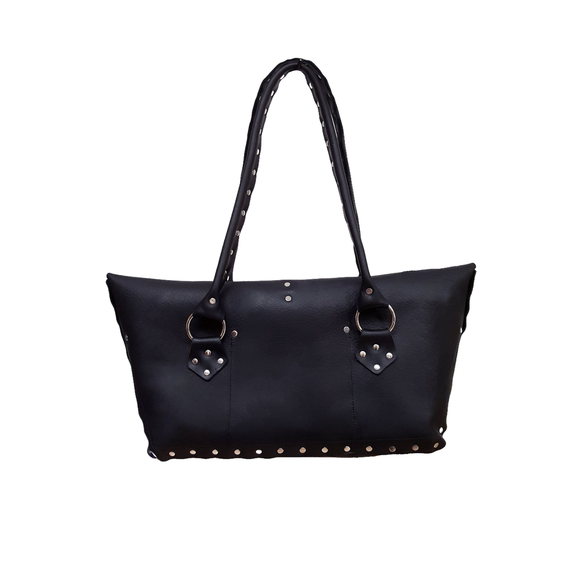 Black Riveted Cowhide Purse - Handmade Edgy Leather Handbag