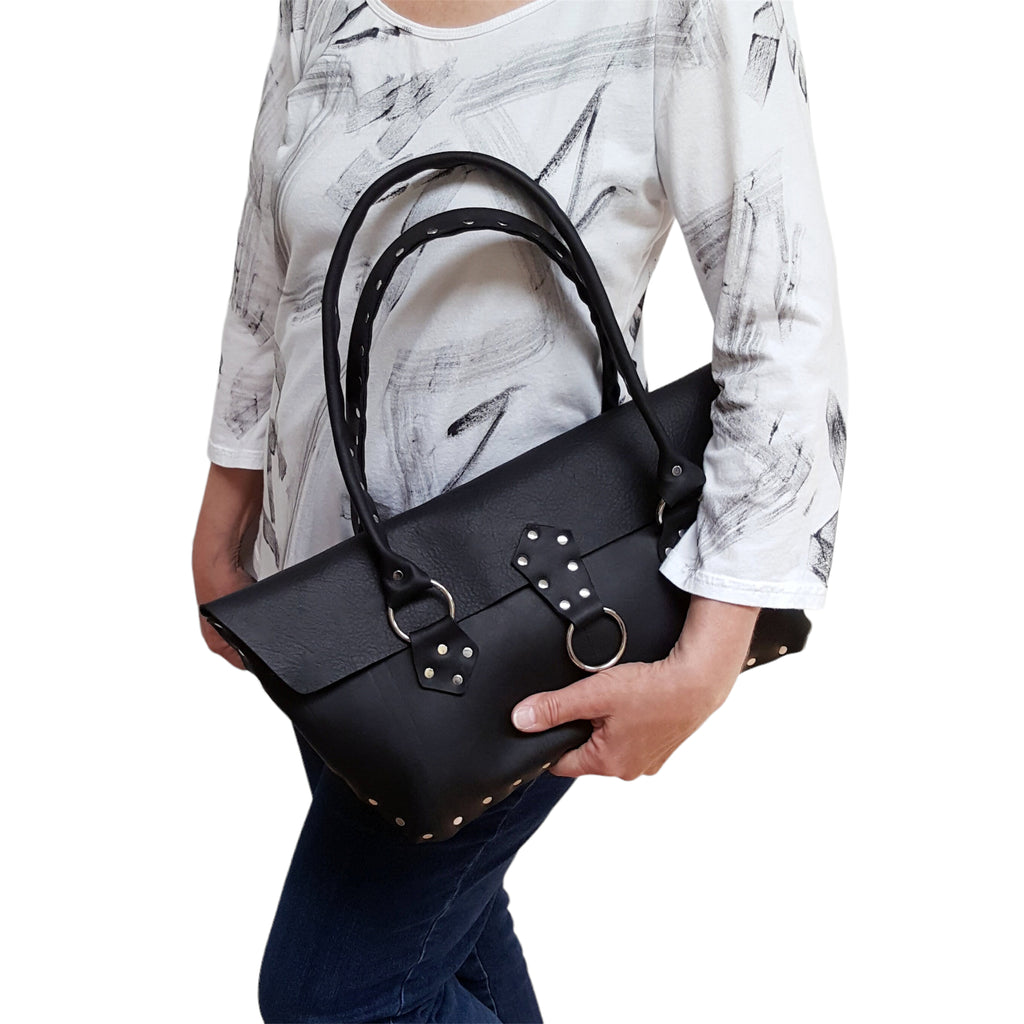 Black Riveted Cowhide Purse - Handmade Edgy Leather Handbag