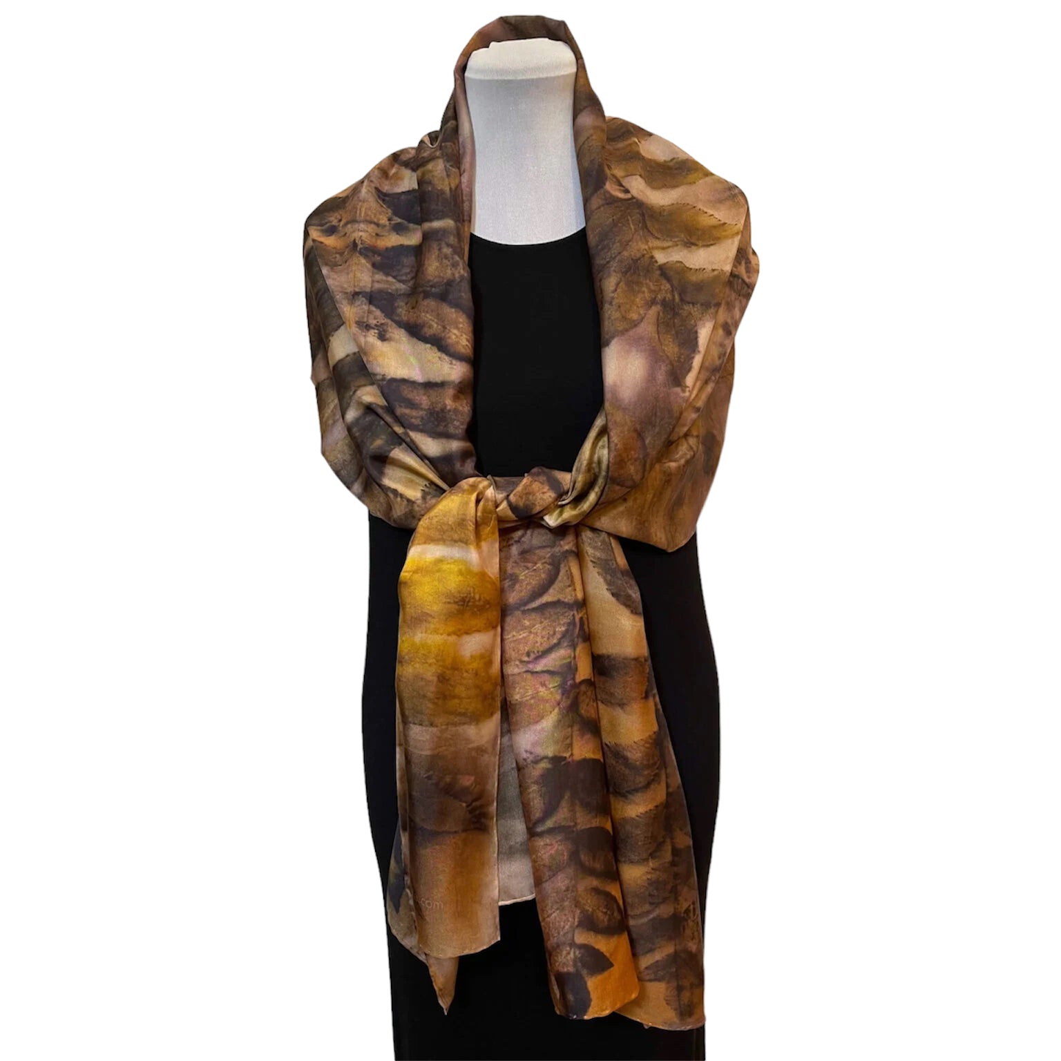 Black Walnut Eco Printed Silk Scarf - Rust Natural Dyed Luxury Scarf