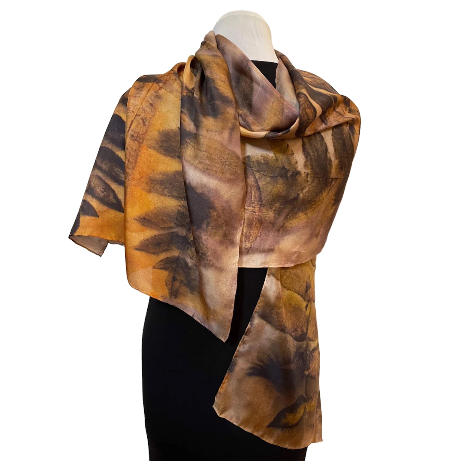 Black Walnut Eco Printed Silk Scarf - Rust Natural Dyed Luxury Scarf