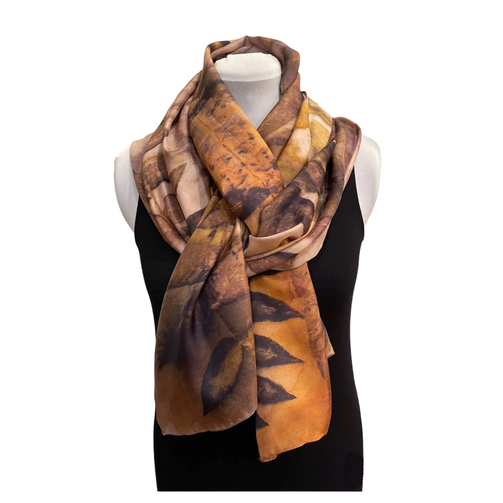 Black Walnut Eco Printed Silk Scarf - Rust Natural Dyed Luxury Scarf