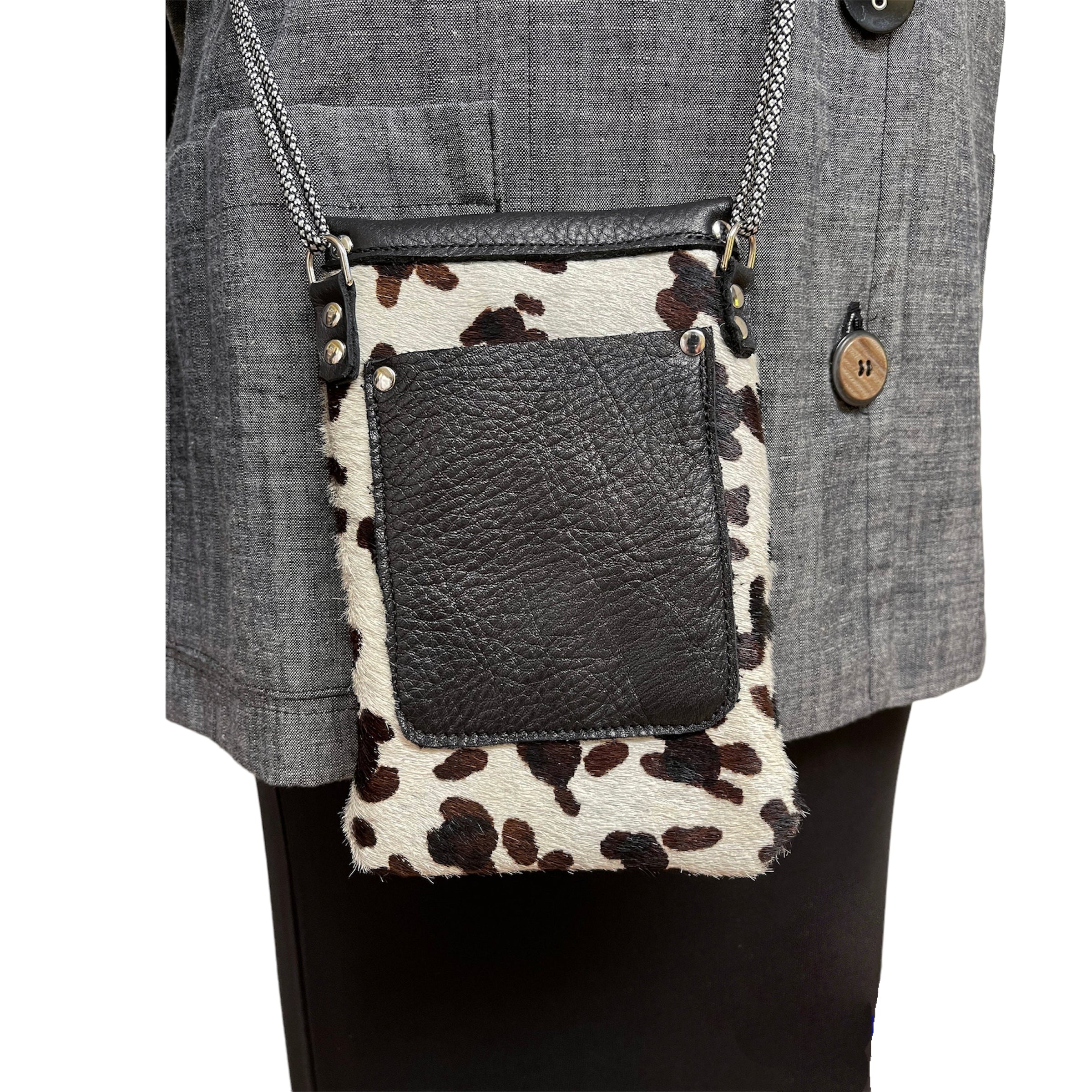 Black and White Hair-On Leather Phone Bag - Crossbody Purse with Pockets