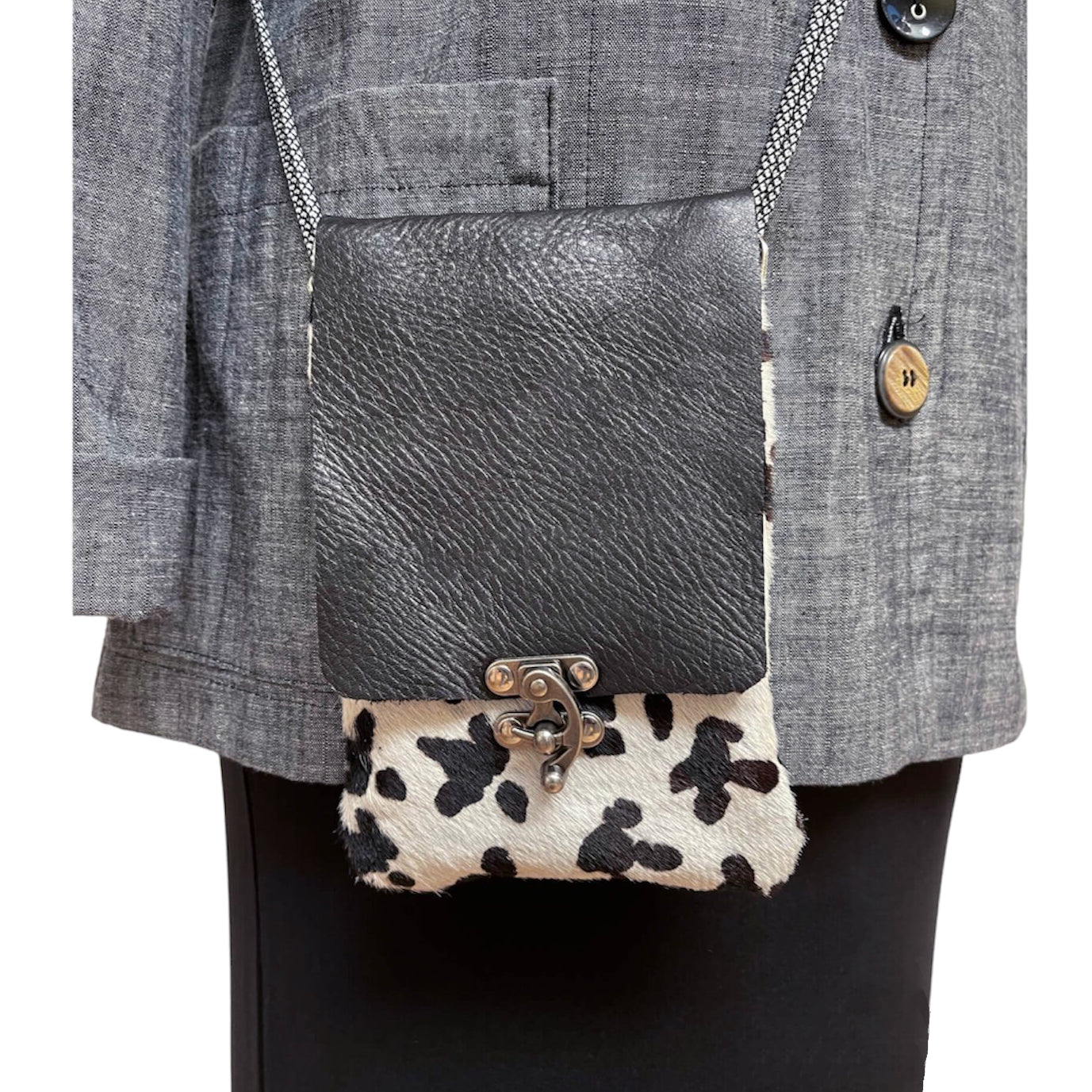Black and White Hair-On Leather Phone Bag - Crossbody Purse with Pockets